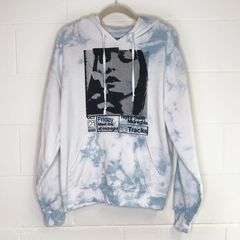 Taylor Swift White and Light Blue Tie-Dye Graphic Hoodie